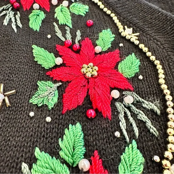 Vintage Christmas Beaded Black Cardigan with Red Floral Embroidery - Picture 4 of 8